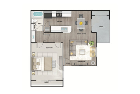 Floor plan for 1 bed, 1 bath, 700 sqft